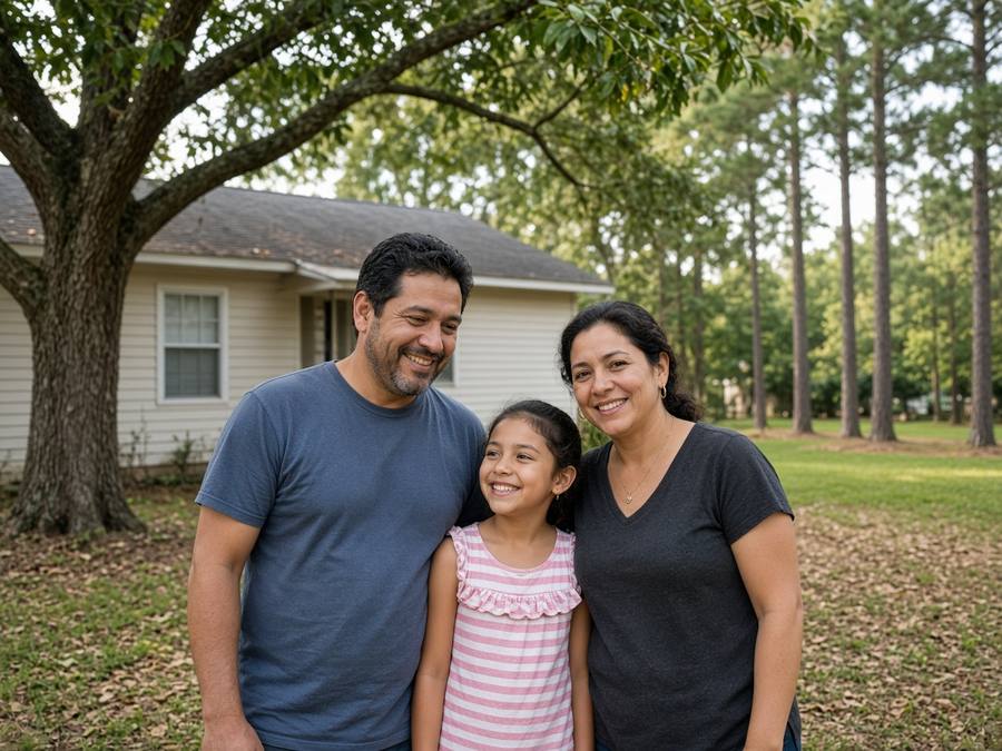 A smiling Latino family of three standing in the front yard of their home
